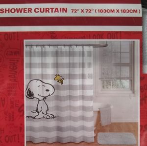 SOLD: Peanuts Fabric Shower Curtain Snoopy Woodstock Stripe 100% Cotton 72"×72"